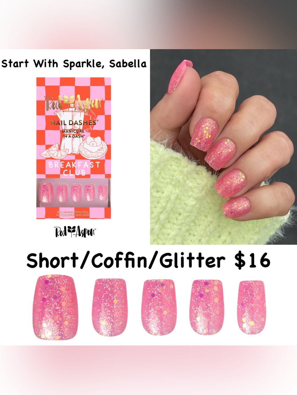 Red Aspen Pink Glitter Press-On Nails — Sabella (Short Coffin)